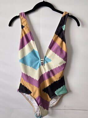 Rare Tallow Tribal Inspired Geometric Plunging V-Neckline Swimsuit Size 2